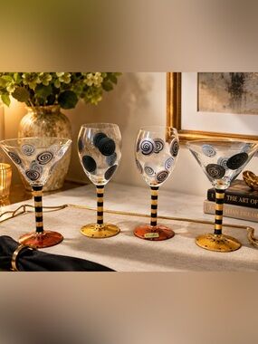 Hand-Painted Glass Wine Goblet in Black and Gold by (unbranded)